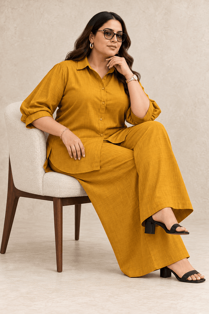 Curve Meenu –Mustard Cotton Viscose Woven Shirt & Wide-Leg Trouser Co-ord Set| Zinniars
