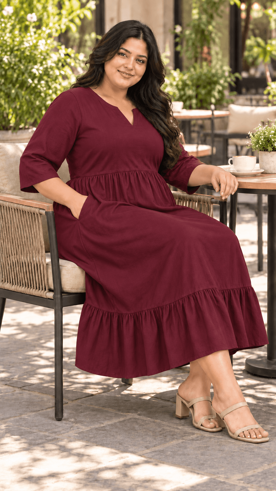 Bani Burgundy  (maroon) Cotton Viscose Curve Midi Dress