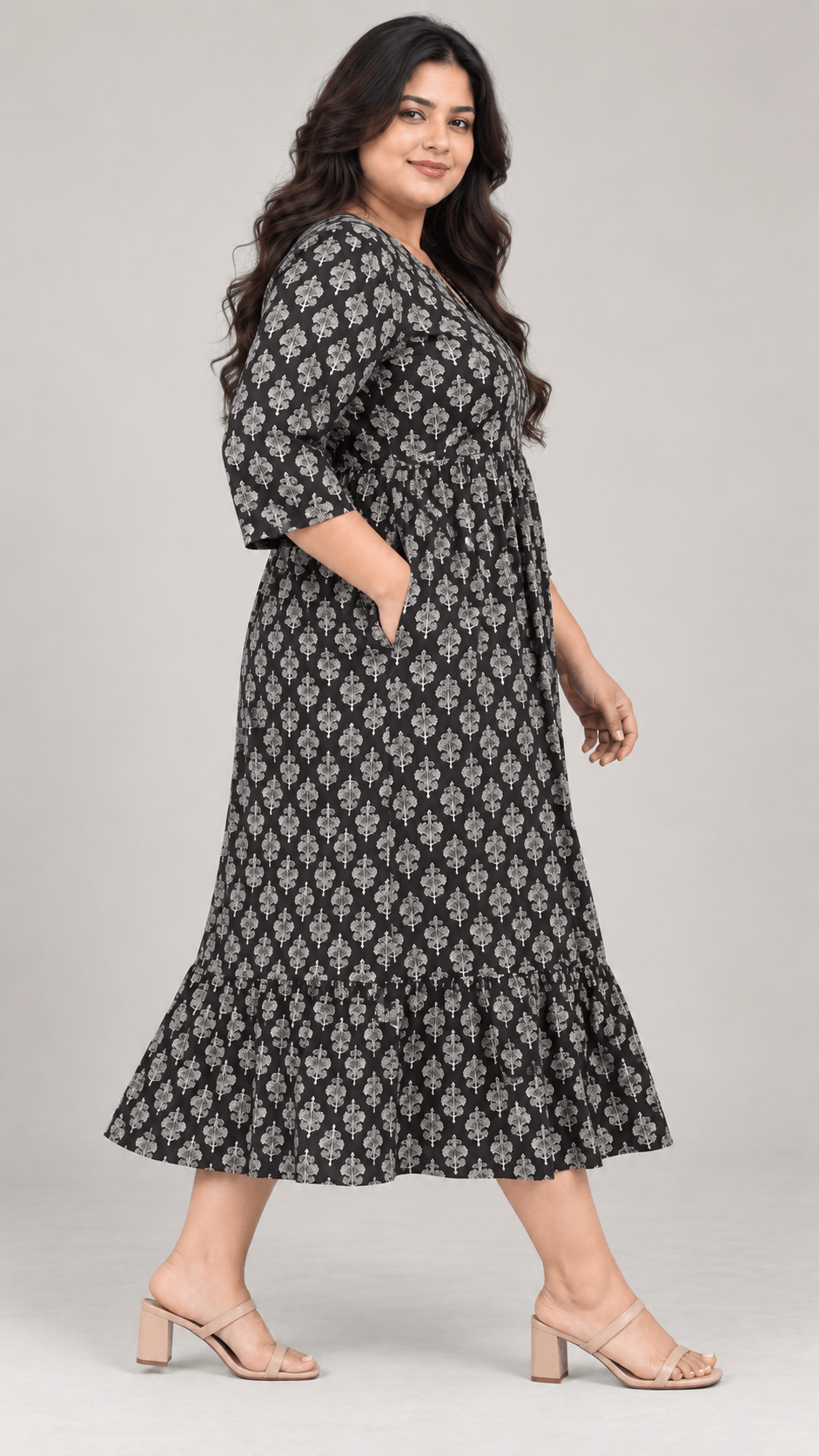 Bani Black Print Cotton Poplin Curve Midi Dress