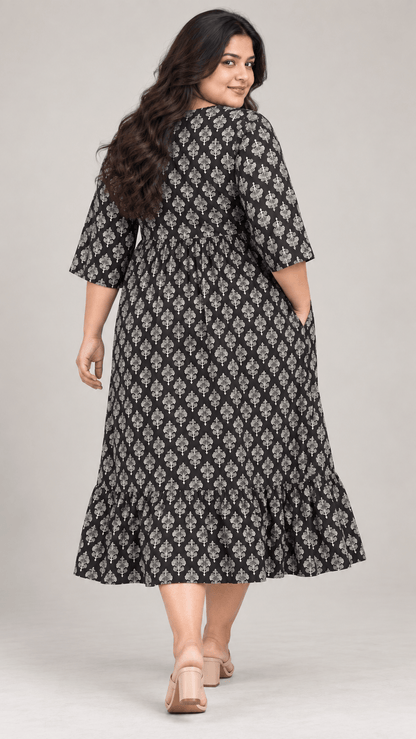 Bani Black Print Cotton Poplin Curve Midi Dress