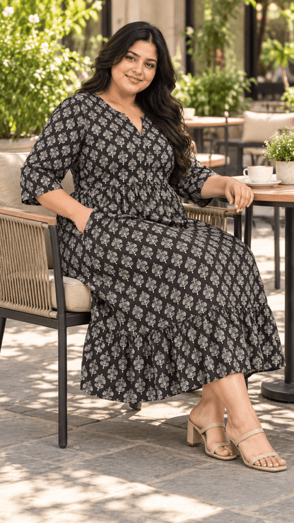 Bani Black Print Cotton Poplin Curve Midi Dress