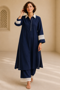 Bubby Women's Navy Cotton Viscose Indo World Ensemble with Designer Ivory Lace