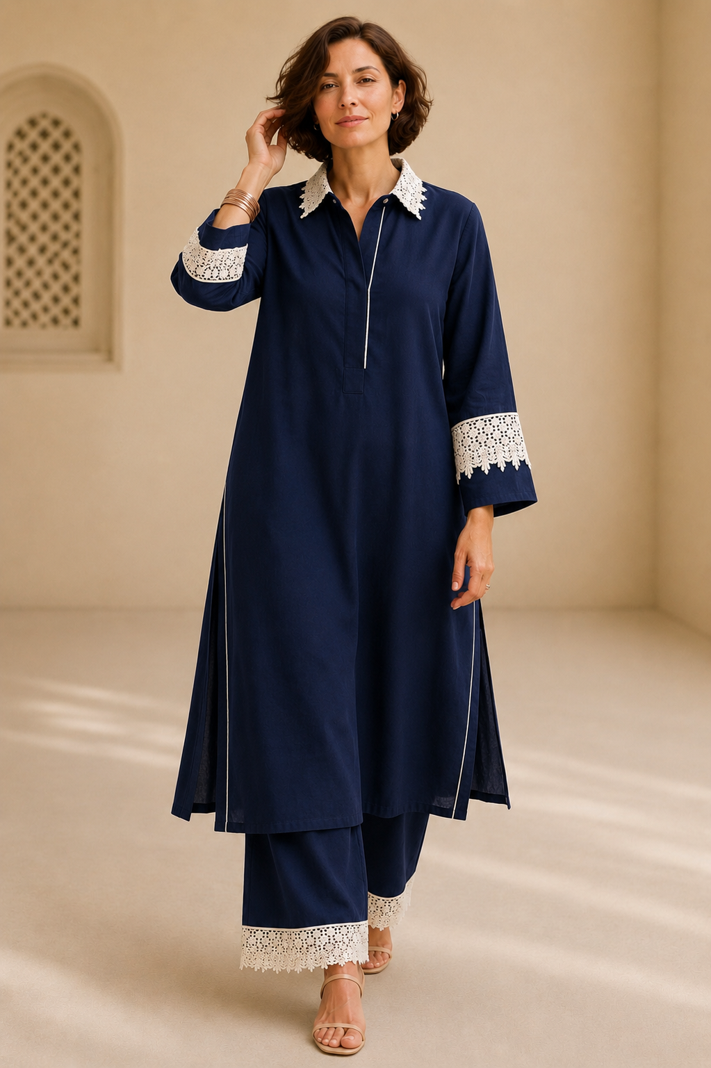 Bubby Women's Navy Cotton Viscose Indo World Ensemble with Designer Ivory Lace
