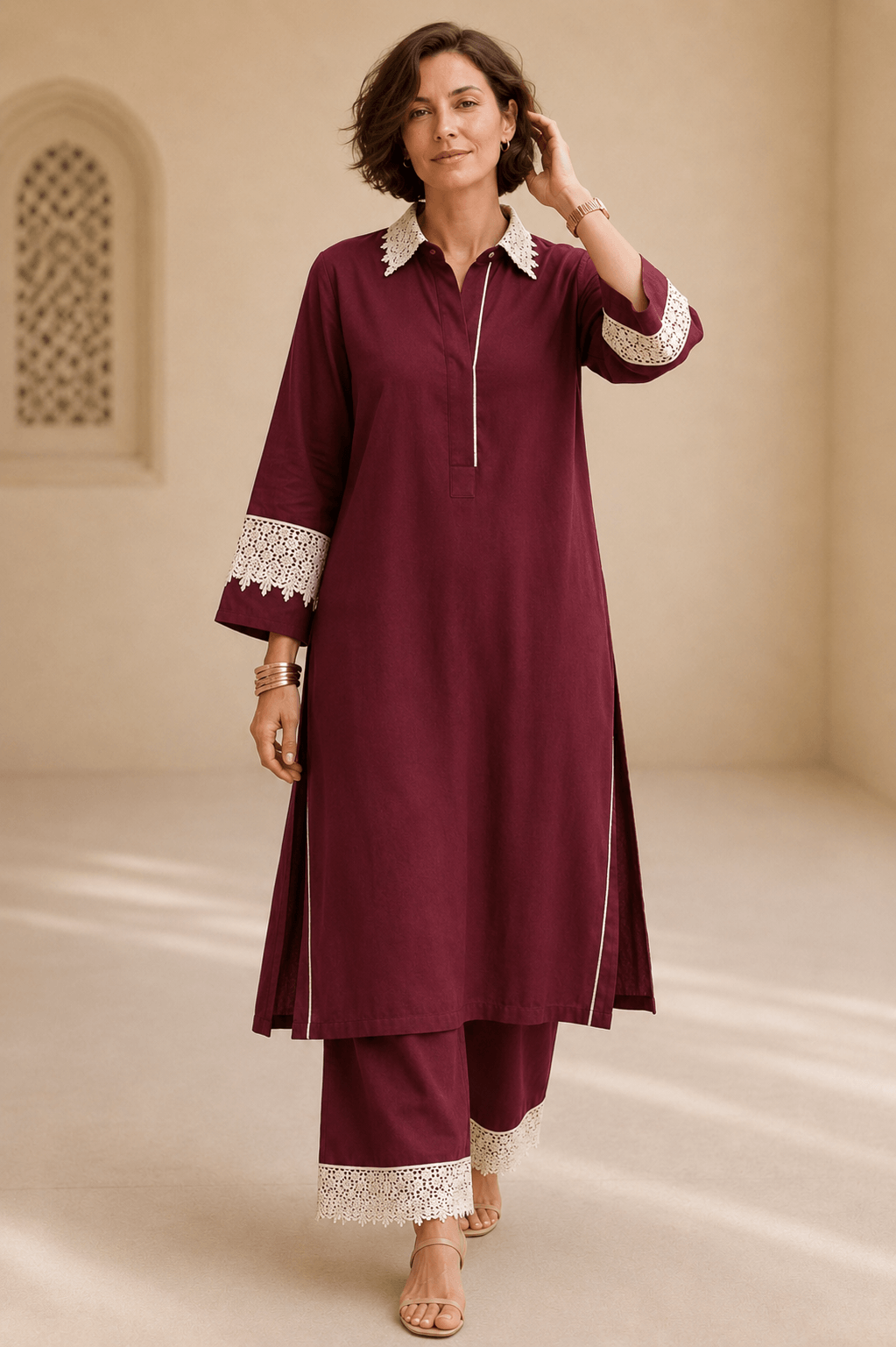 Bubby Women's Maroon Cotton Viscose Indo World Ensemble with Designer Ivory Lace