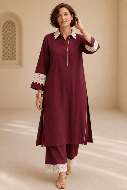 Bubby Women's Maroon Cotton Viscose Indo World Ensemble with Designer Ivory Lace