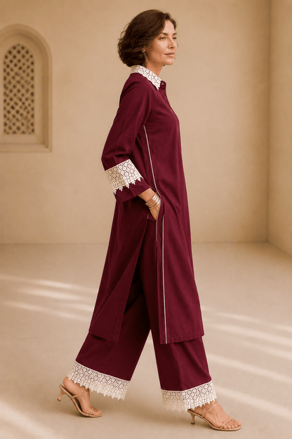 Bubby Women's Maroon Cotton Viscose Indo World Ensemble with Designer Ivory Lace