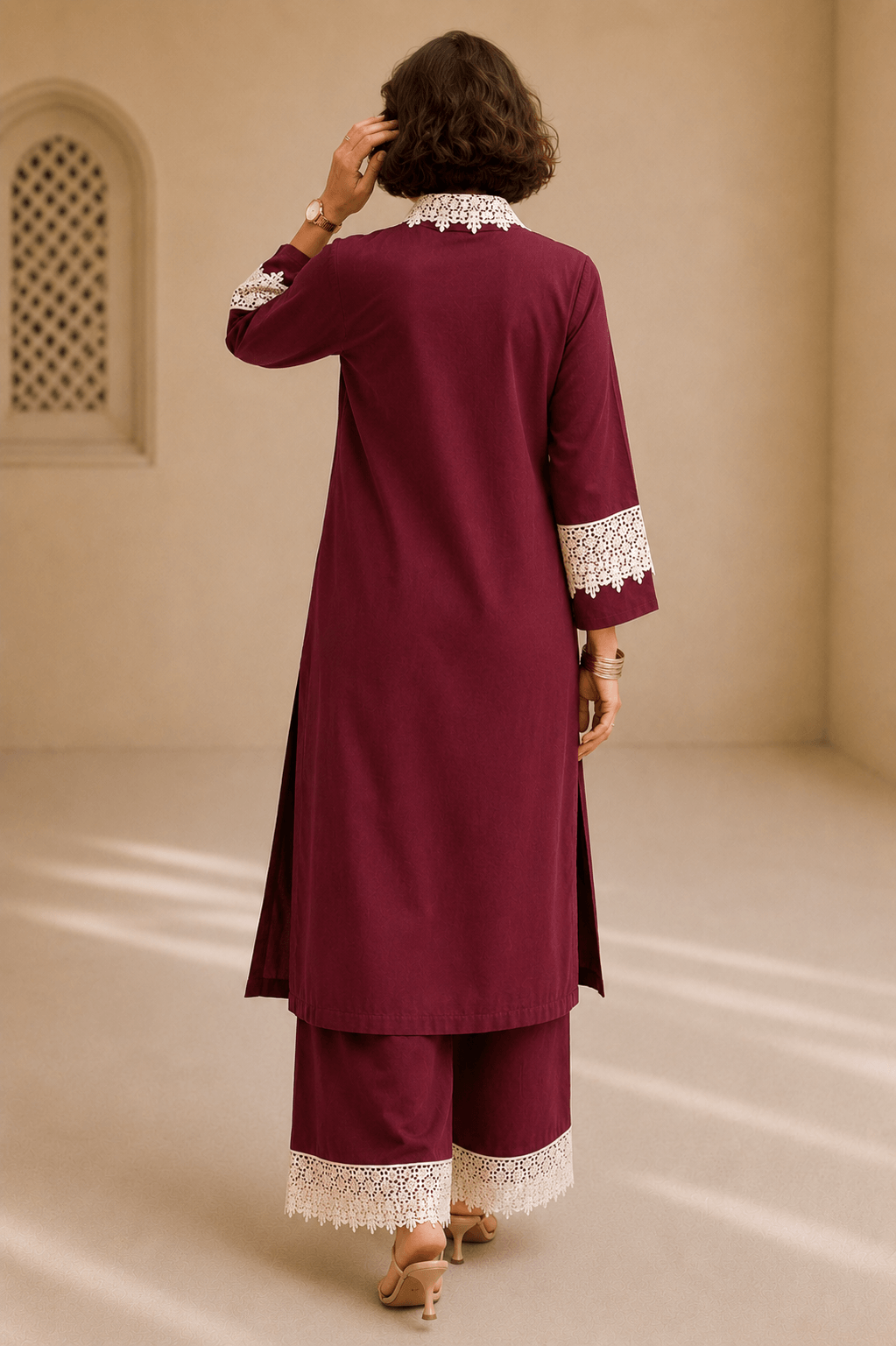 Bubby Women's Maroon Cotton Viscose Indo World Ensemble with Designer Ivory Lace