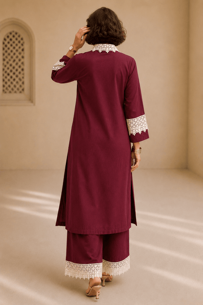 Bubby Women's Maroon Cotton Viscose Indo World Ensemble with Designer Ivory Lace