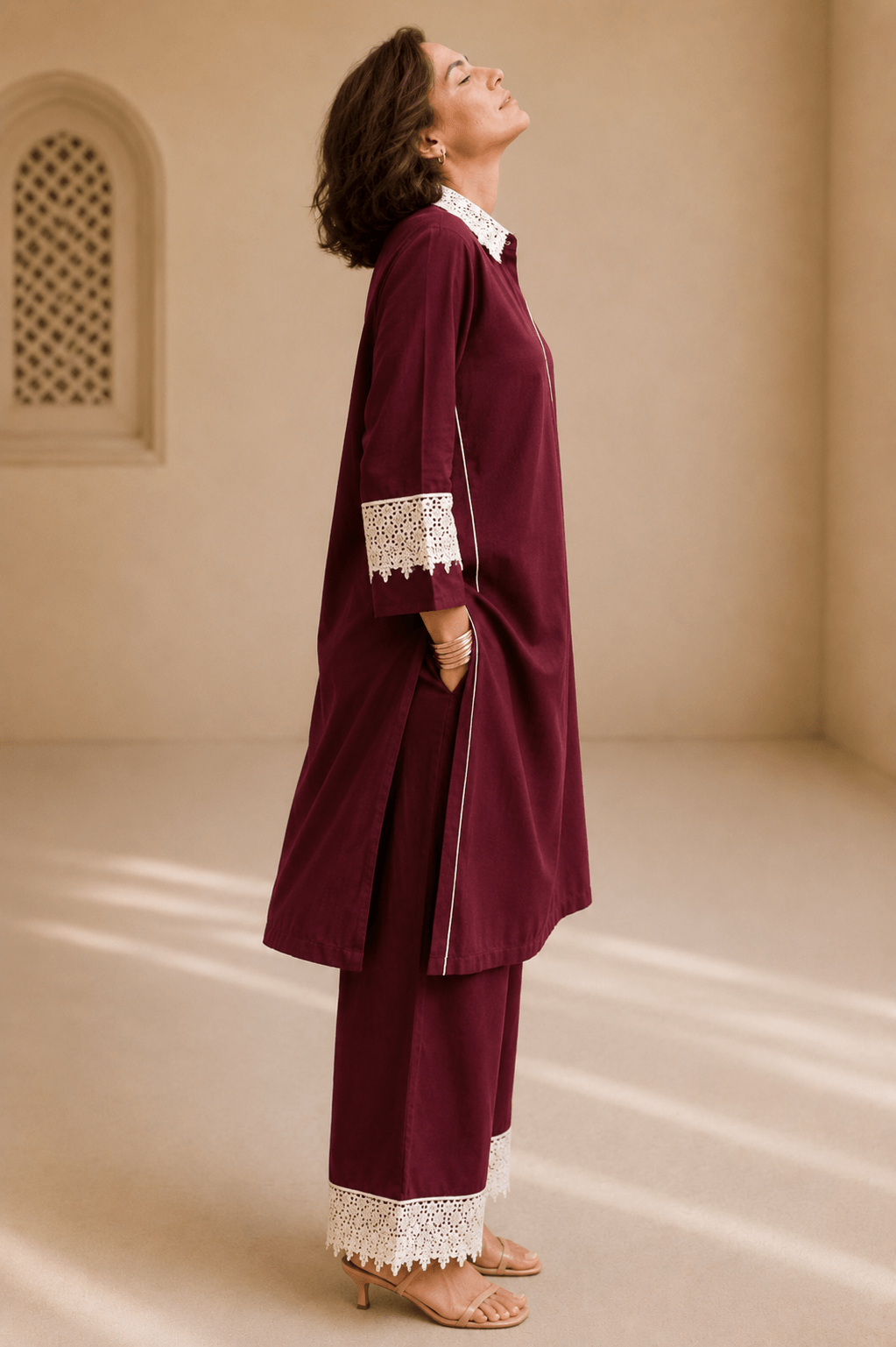 Bubby Women's Maroon Cotton Viscose Indo World Ensemble with Designer Ivory Lace