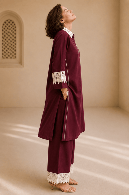 Bubby Women's Maroon Cotton Viscose Indo World Ensemble with Designer Ivory Lace