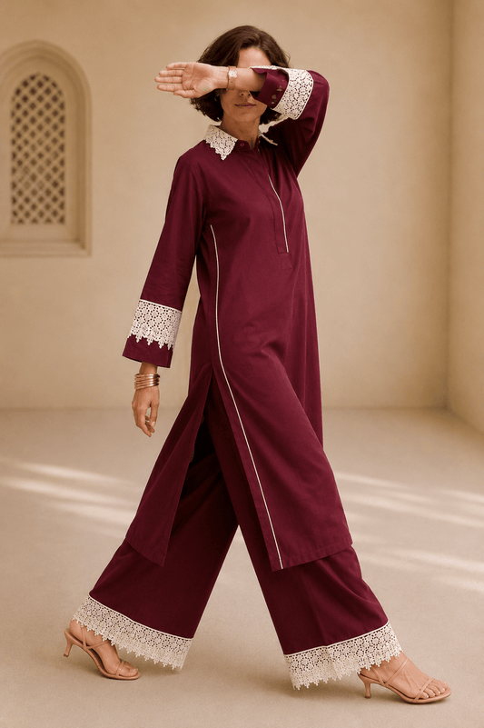 Bubby Women's Maroon Cotton Viscose Indo World Ensemble with Designer Ivory Lace