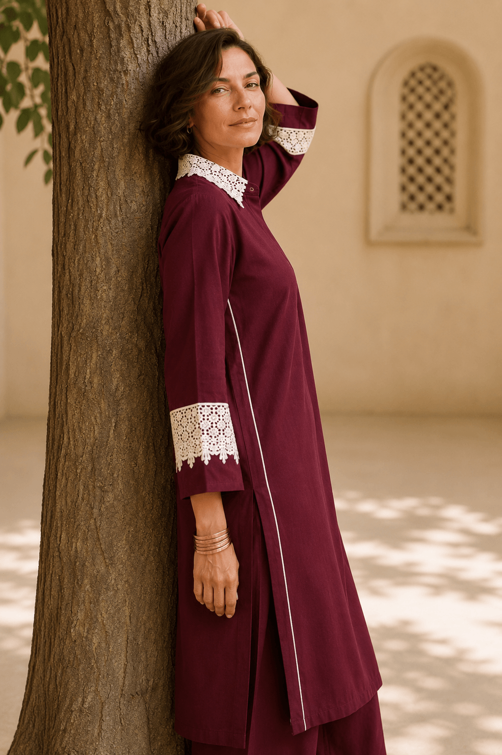 Bubby Women's Maroon Cotton Viscose Indo World Ensemble with Designer Ivory Lace