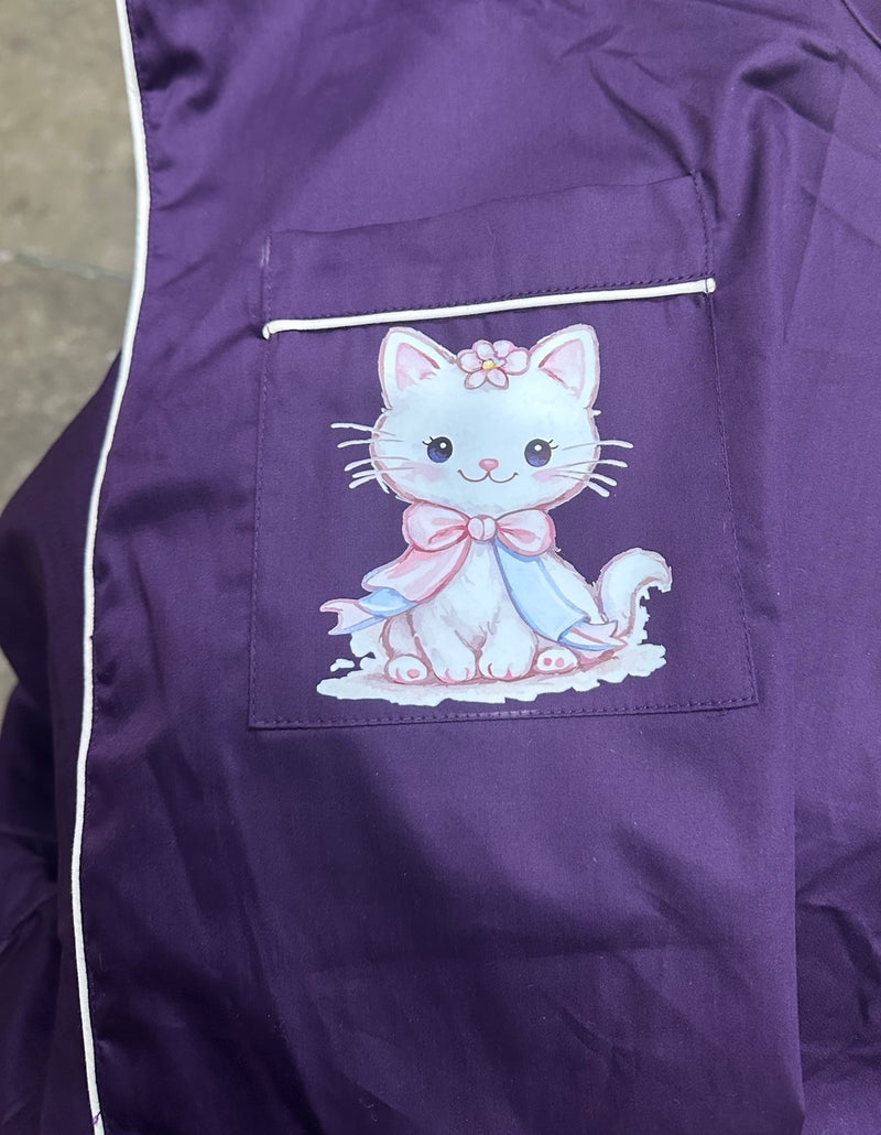 Karishma Dark Purple Cotton Satin Kitty Print Co-ord Set for Women