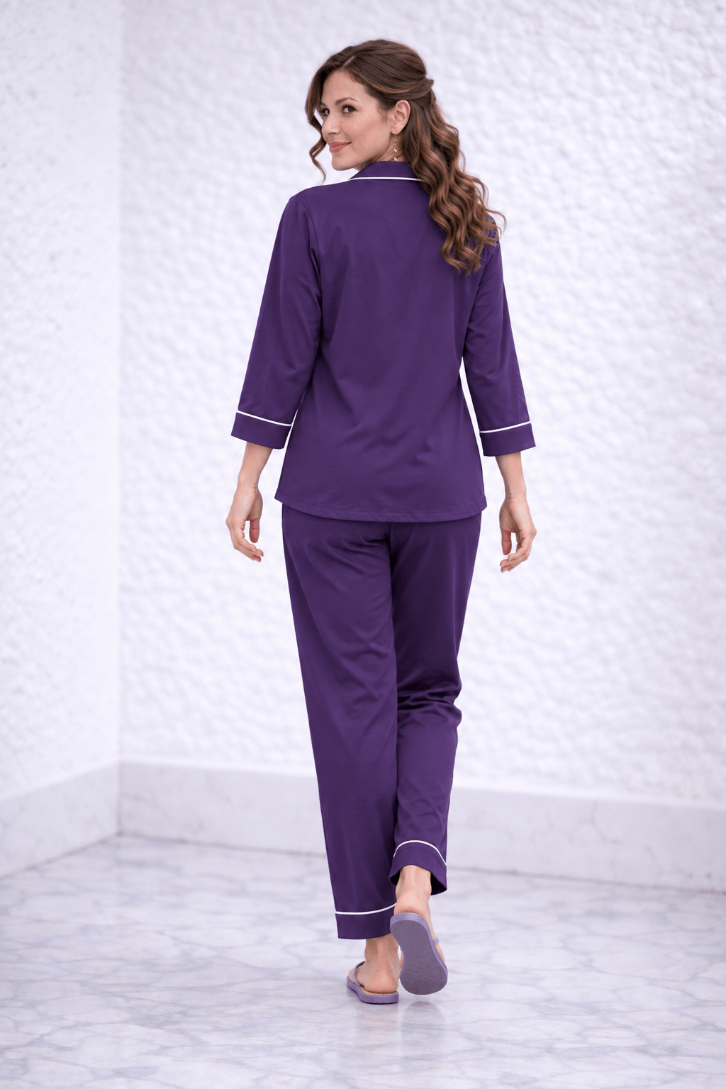 Karishma Dark Purple Cotton Satin Kitty Print Co-ord Set for Women