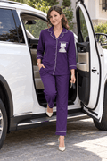 Karishma Dark Purple Cotton Satin Kitty Print Co-ord Set for Women