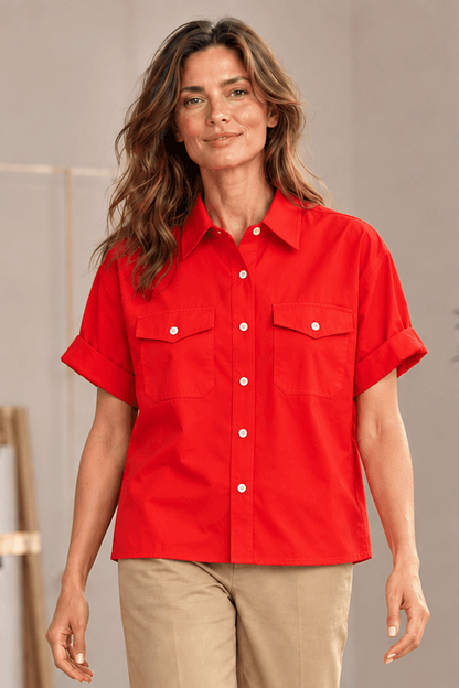 Katherine Red Cotton Poplin Utility Short Sleeve Shirt