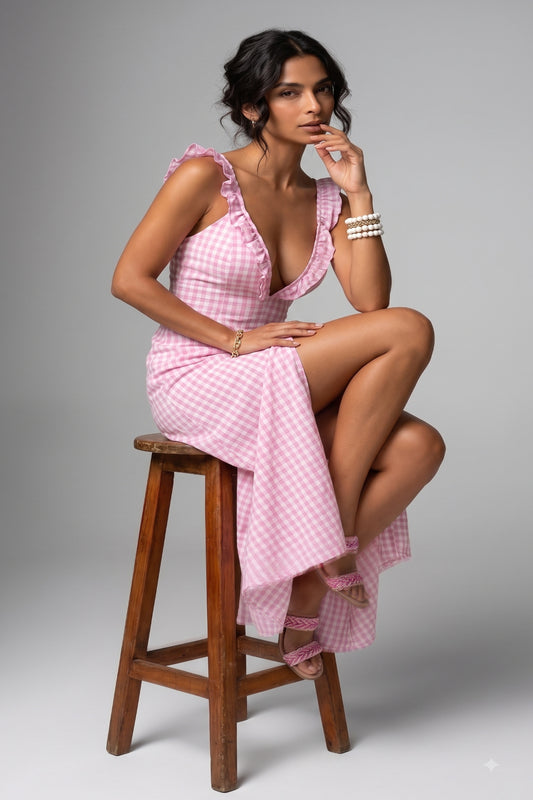 Lola Gingham Deep-V Ruffled Maxi Resort Dress – Soft Pink