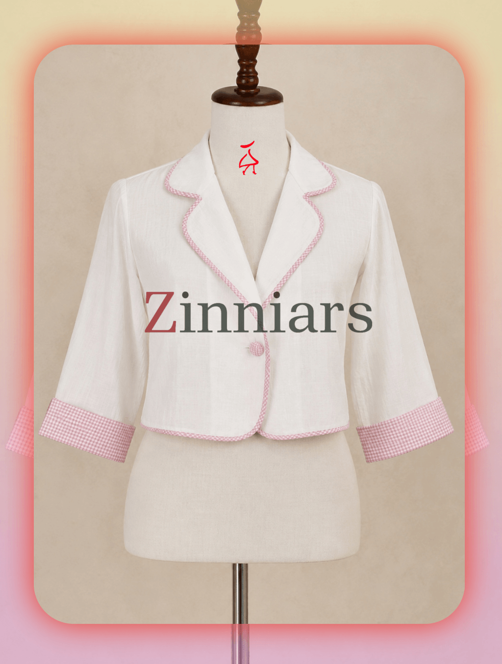 Maya White Cotton-Linen Cropped Jacket with Gingham Piping & Cuffs