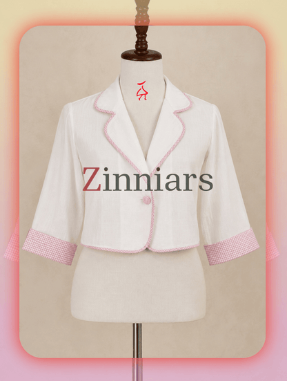 Maya White Cotton-Linen Cropped Jacket with Gingham Piping & Cuffs