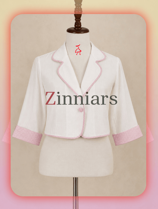 Maya White Cotton-Linen Cropped Jacket with Gingham Piping & Cuffs
