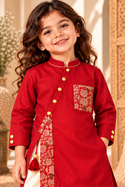 Zinniars Mini Rumi Red & Gold Kurta Dhoti Set Unisex Kids’ Festive Wear (2–6 Years)