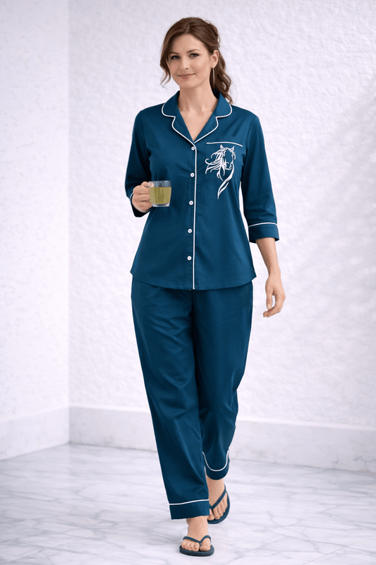 Nimrit Deep Teal Blue Cotton Satin Multi-Utility PJ Co-ord Set