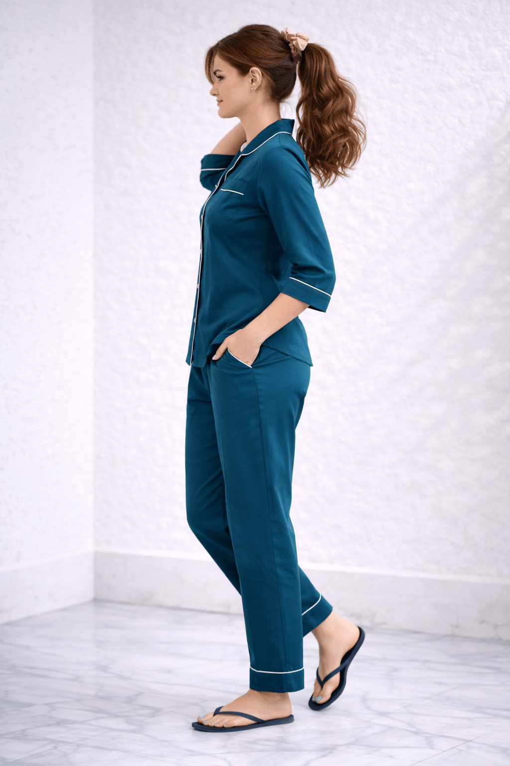 Nimrit Deep Teal Blue Cotton Satin Multi-Utility PJ Co-ord Set
