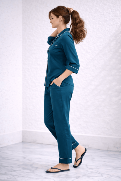 Nimrit Deep Teal Blue Cotton Satin Multi-Utility PJ Co-ord Set