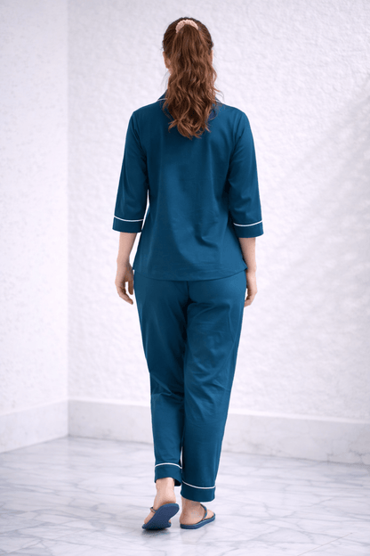 Nimrit Deep Teal Blue Cotton Satin Multi-Utility PJ Co-ord Set