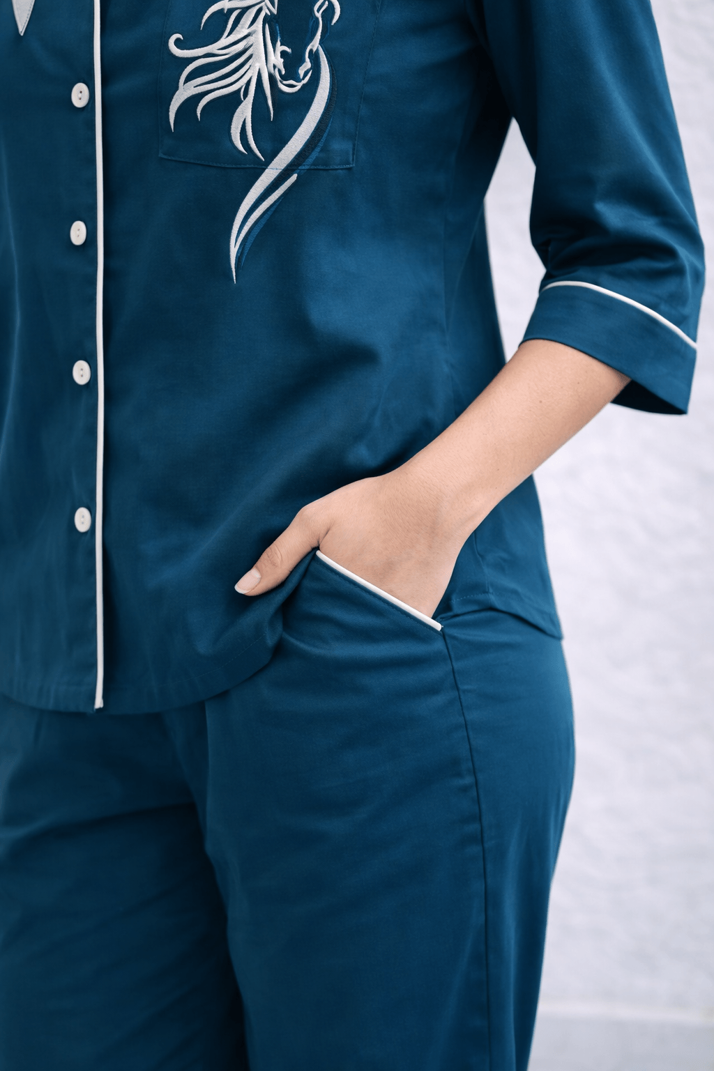 Nimrit Deep Teal Blue Cotton Satin Multi-Utility PJ Co-ord Set