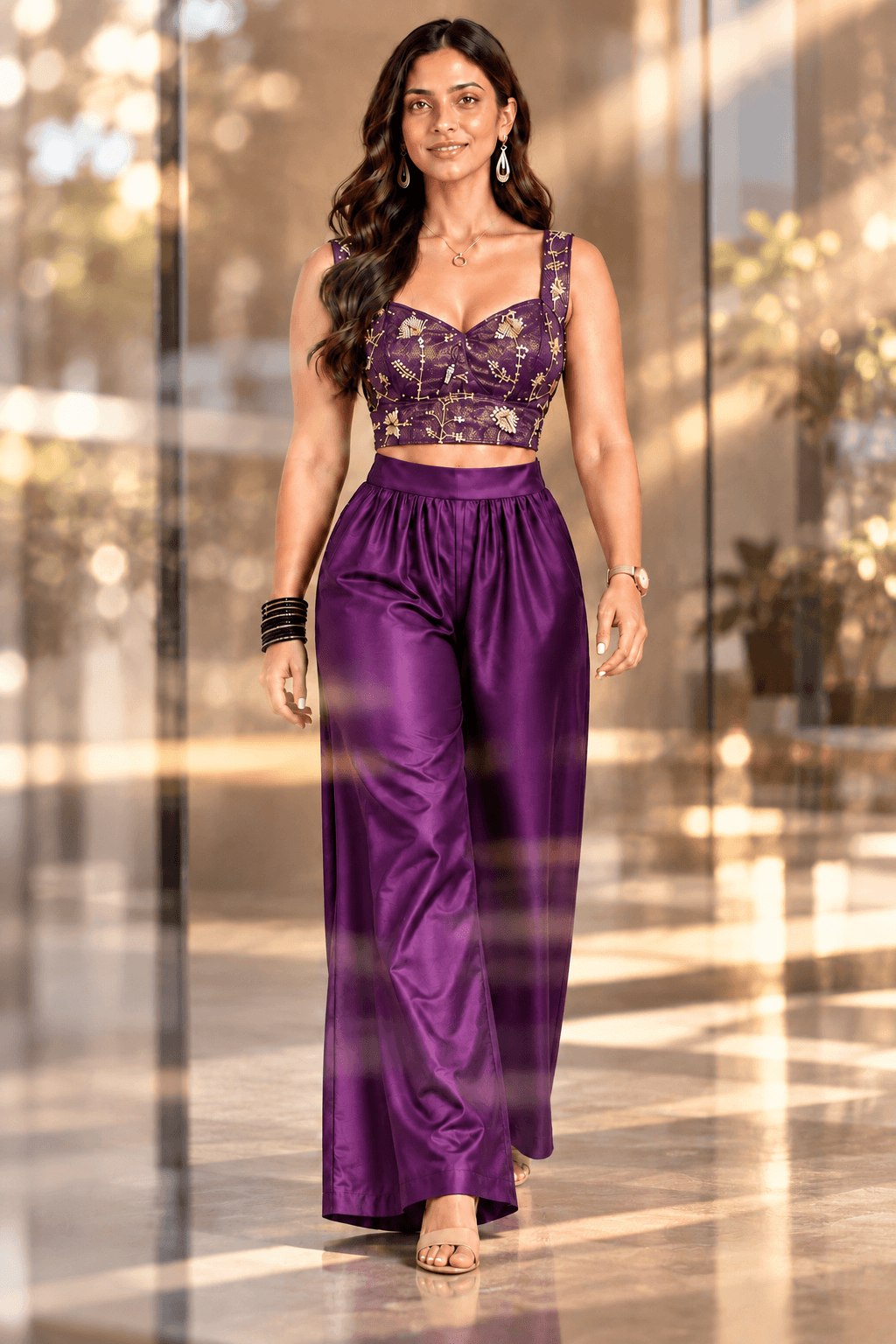 Zinniars Rave’ Hand-Beaded Plum Bustier & Viscose Palazzo Set