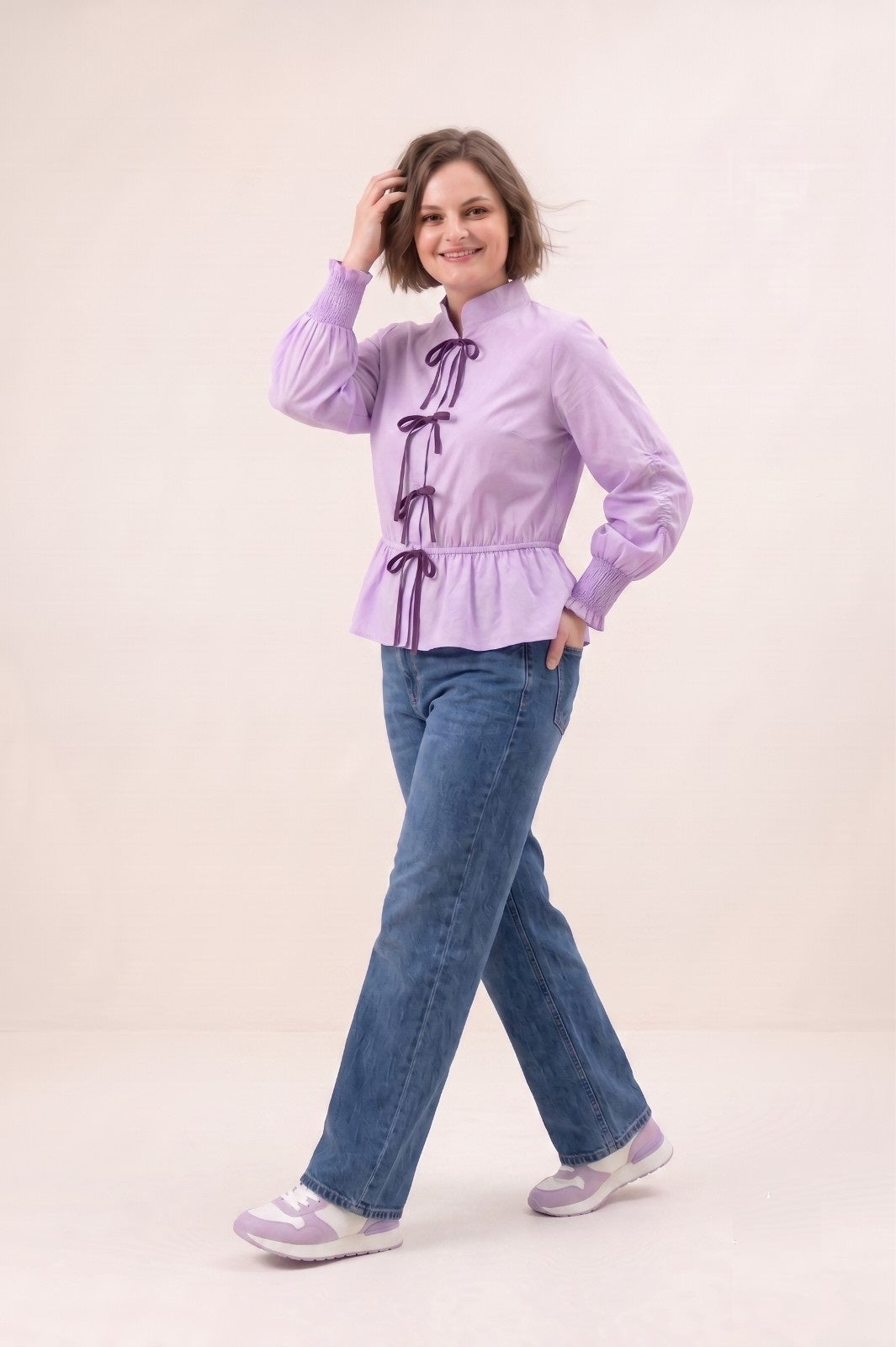 Rosy Premium Velvet Tie-Knot Front Cotton Peplum Top with Smocked Long Sleeves LVN