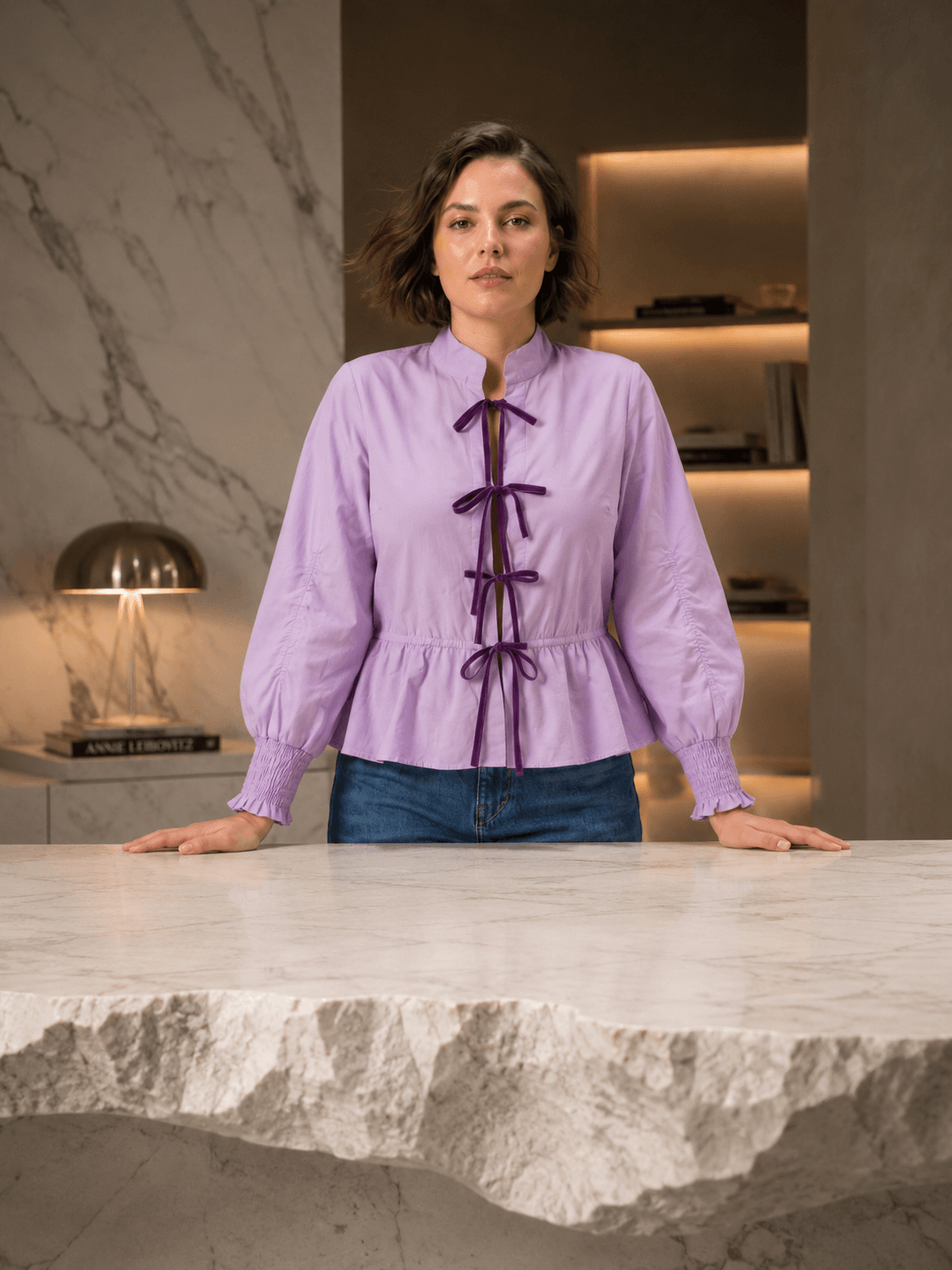 Rosy Premium Velvet Tie-Knot Front Cotton Peplum Top with Smocked Long Sleeves LVN