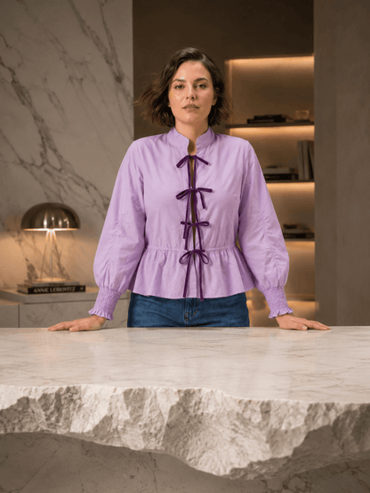 Rosy Premium Velvet Tie-Knot Front Cotton Peplum Top with Smocked Long Sleeves LVN