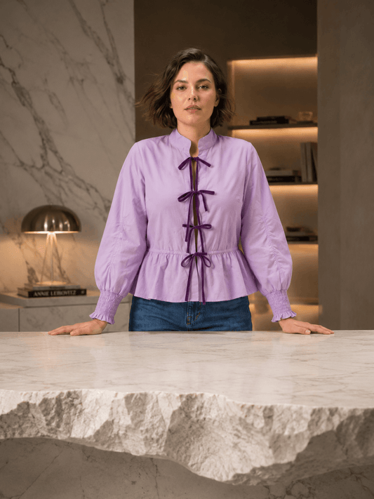 Rosy Premium Velvet Tie-Knot Front Cotton Peplum Top with Smocked Long Sleeves LVN