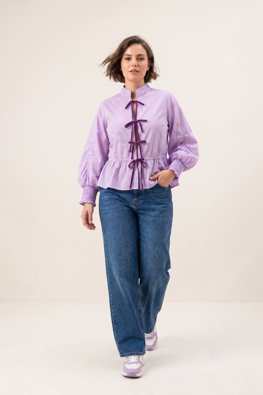 Rosy Premium Velvet Tie-Knot Front Cotton Peplum Top with Smocked Long Sleeves LVN