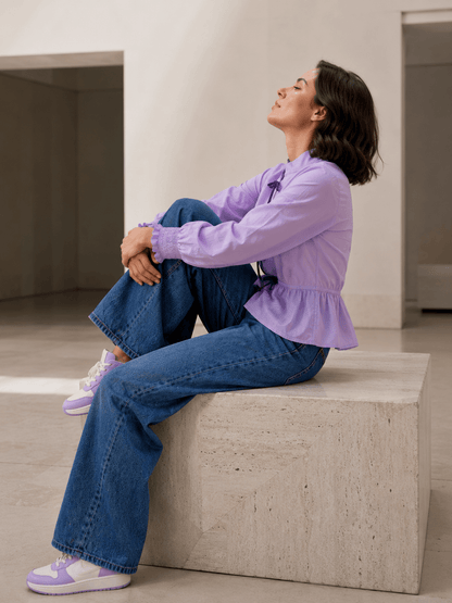 Rosy Premium Velvet Tie-Knot Front Cotton Peplum Top with Smocked Long Sleeves LVN