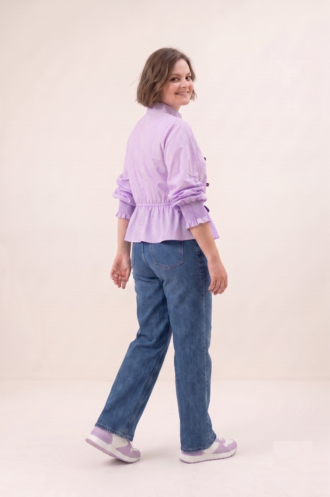 Rosy Premium Velvet Tie-Knot Front Cotton Peplum Top with Smocked Long Sleeves LVN