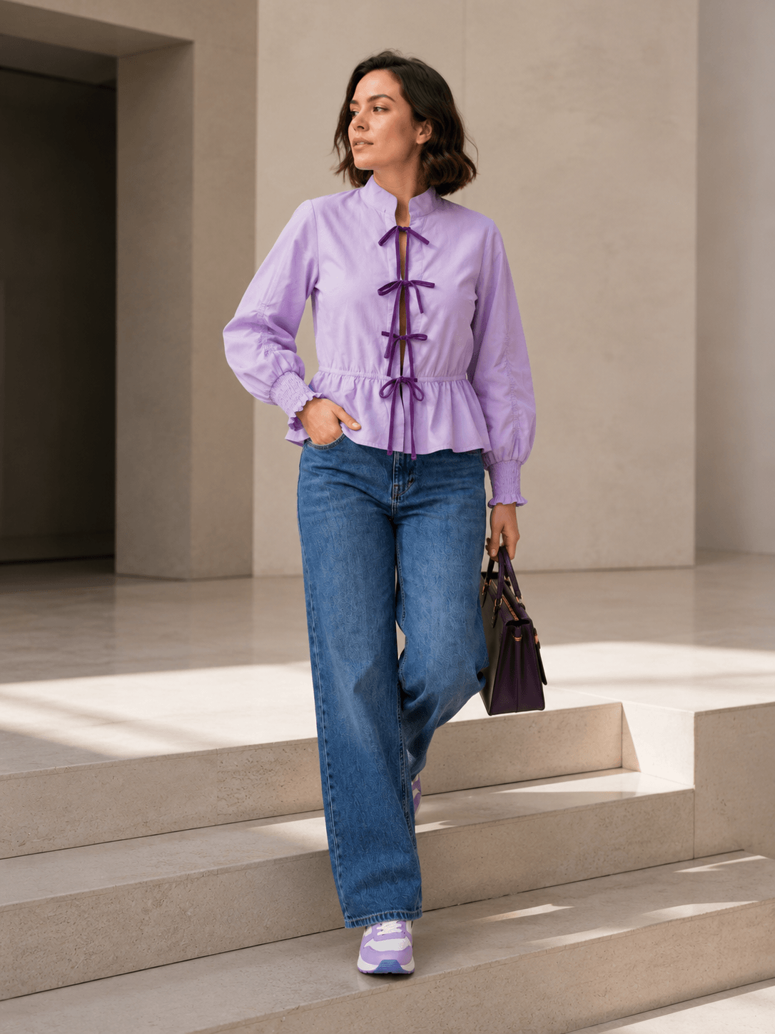 Rosy Premium Velvet Tie-Knot Front Cotton Peplum Top with Smocked Long Sleeves LVN
