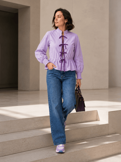Rosy Premium Velvet Tie-Knot Front Cotton Peplum Top with Smocked Long Sleeves LVN