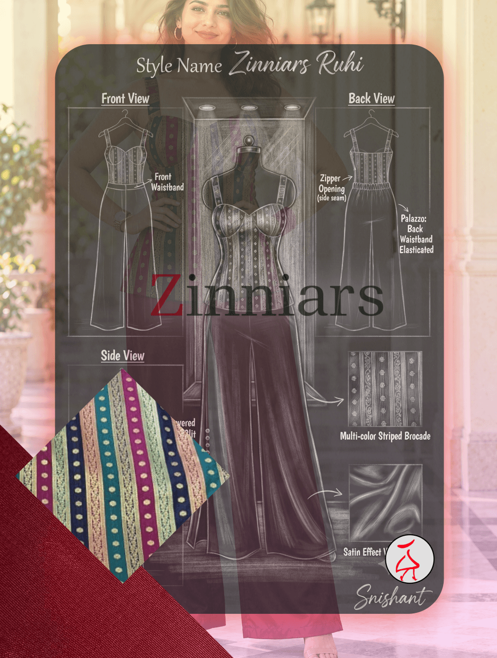 Ruhi Padded Brocade Top & Burgundy Palazzo Co-ord Set | Zinniars