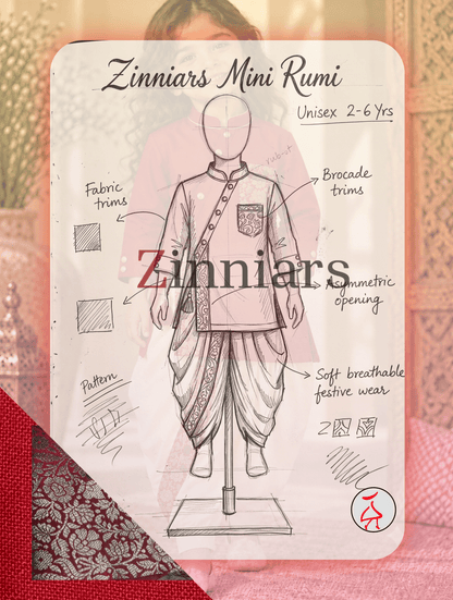 Zinniars Mini Rumi Red & Gold Kurta Dhoti Set Unisex Kids’ Festive Wear (2–6 Years)