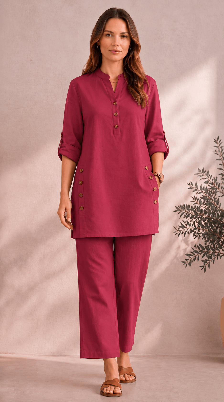 Samaira Raspberry Coord Set: Roll-Up Kurta & Pants