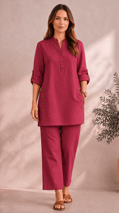 Samaira Raspberry Coord Set: Roll-Up Kurta & Pants