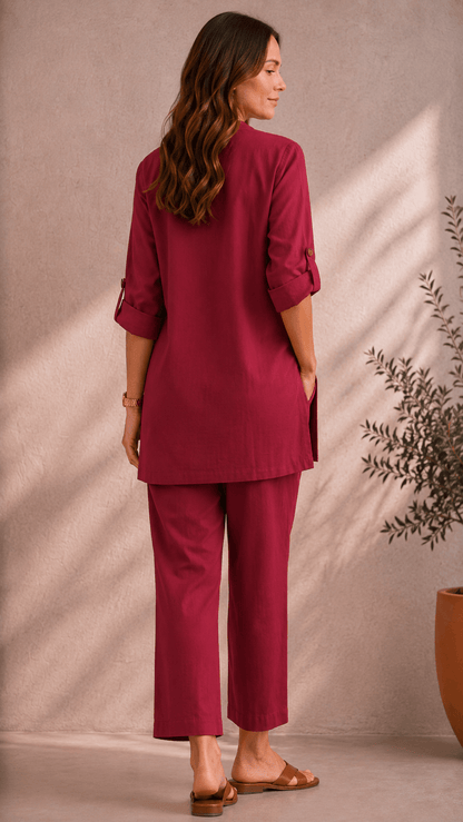 Samaira Raspberry Coord Set: Roll-Up Kurta & Pants