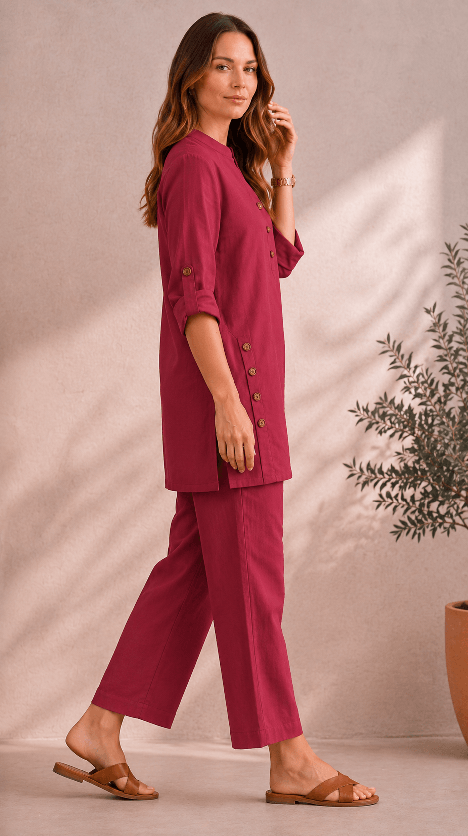 Samaira Raspberry Coord Set: Roll-Up Kurta & Pants