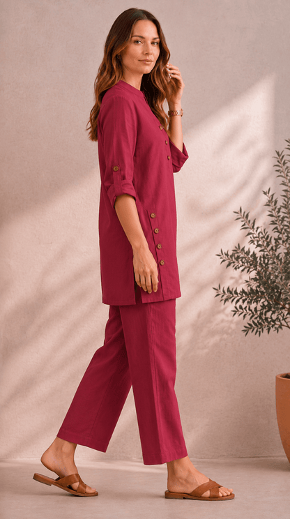 Samaira Raspberry Coord Set: Roll-Up Kurta & Pants
