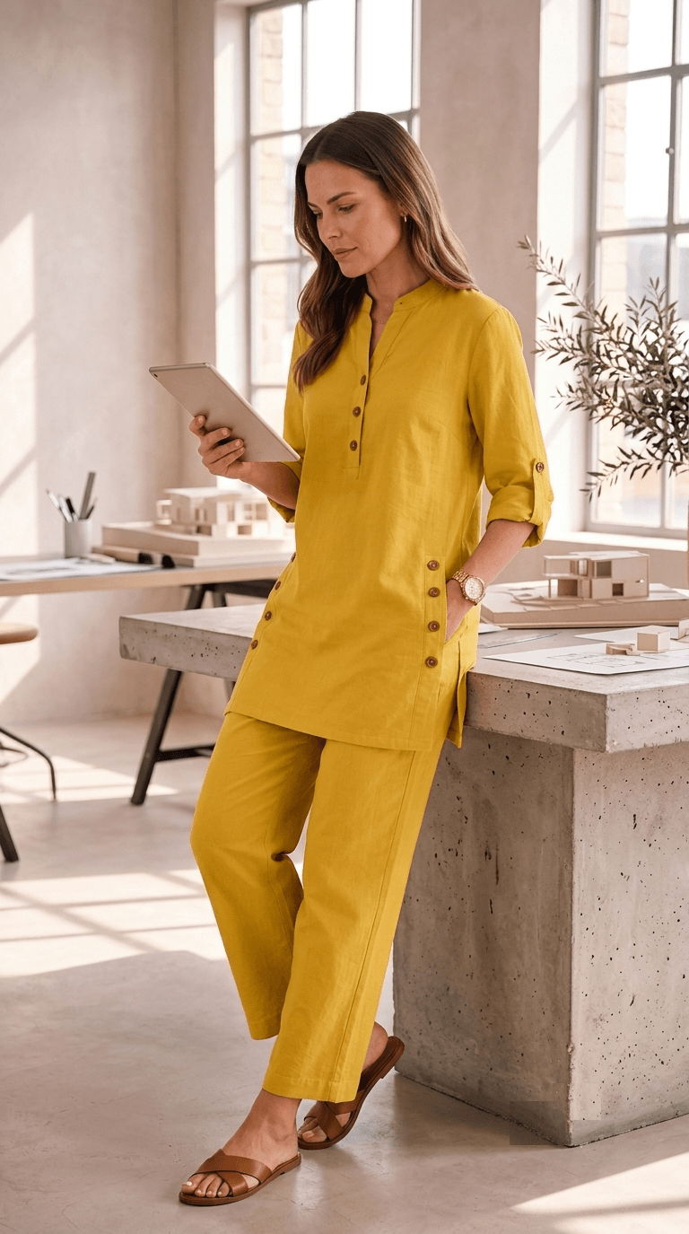 Samaira D Lemon Coord Set: Roll-Up Kurta & Pants