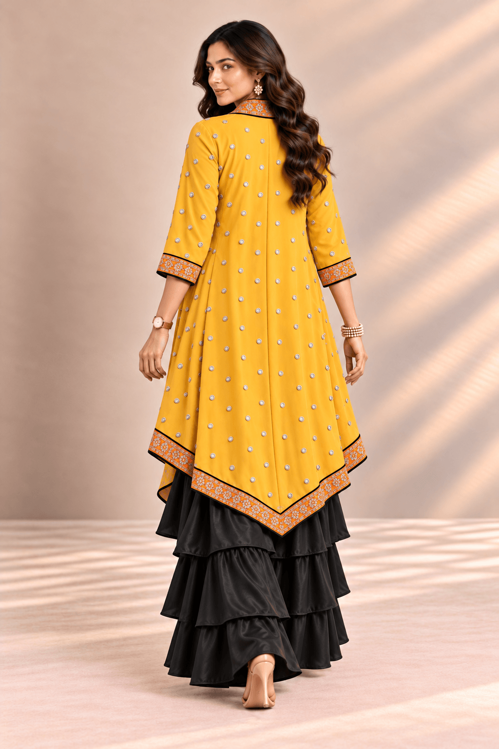 Sona Black Mustard Embroidered Cape Crop Top & Ruffle Palazzo 3 Pc Set | Zinniars