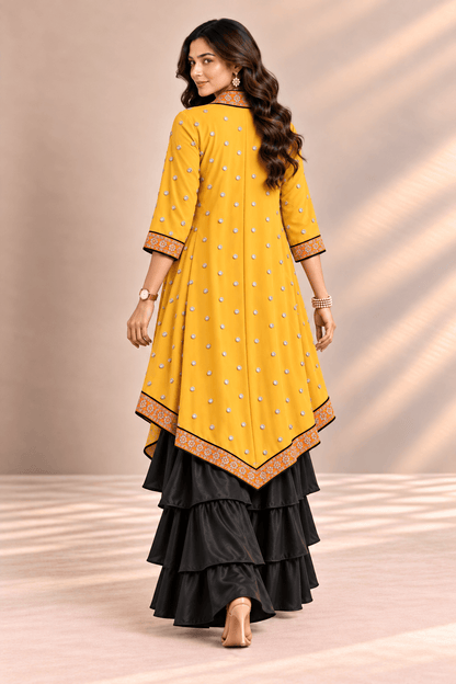 Sona Black Mustard Embroidered Cape Crop Top & Ruffle Palazzo 3 Pc Set | Zinniars